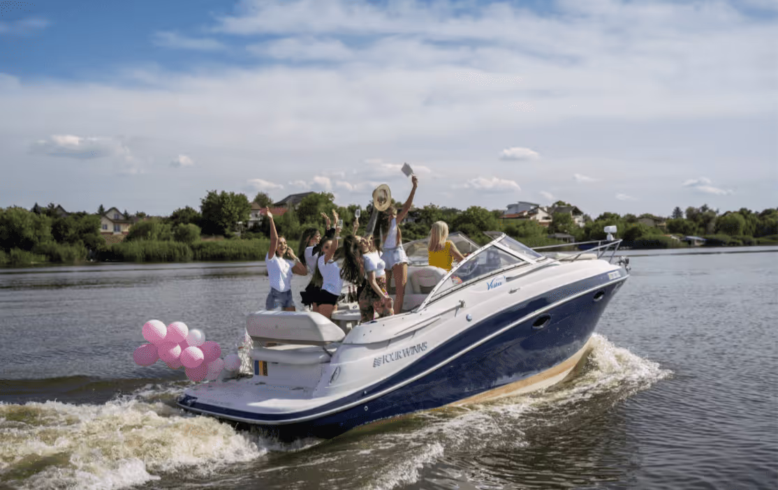 Helix founders on a speedboat during the Bucharest trip